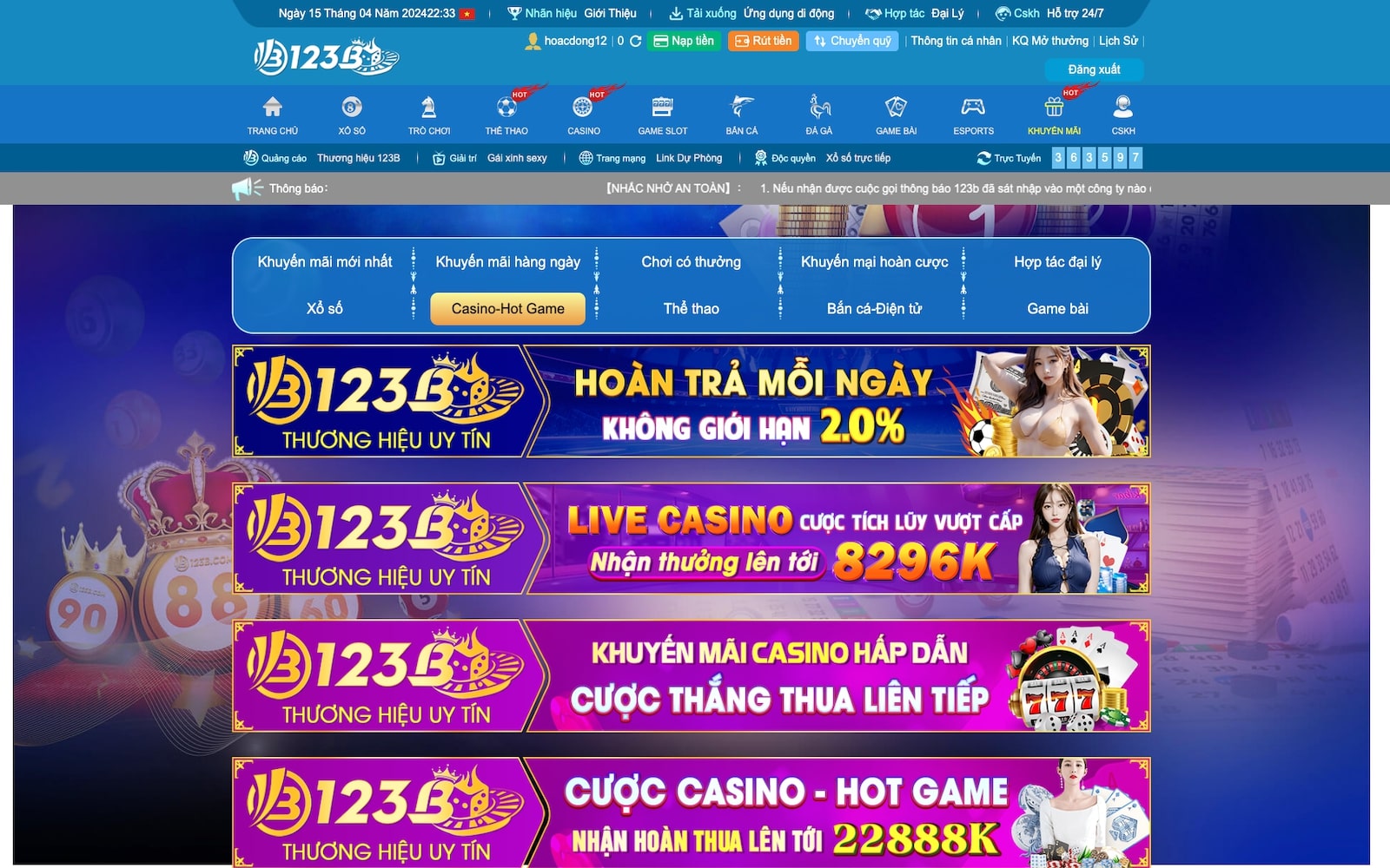 Khuyến mãi live casino 123B cực chất